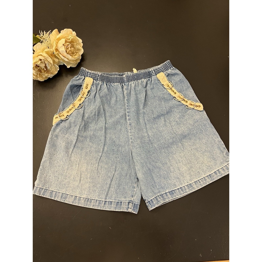 Gepetto Vintage 80s 90s Pull On Rope Buckle Blue Jean Mom Shorts Sz M USA Made